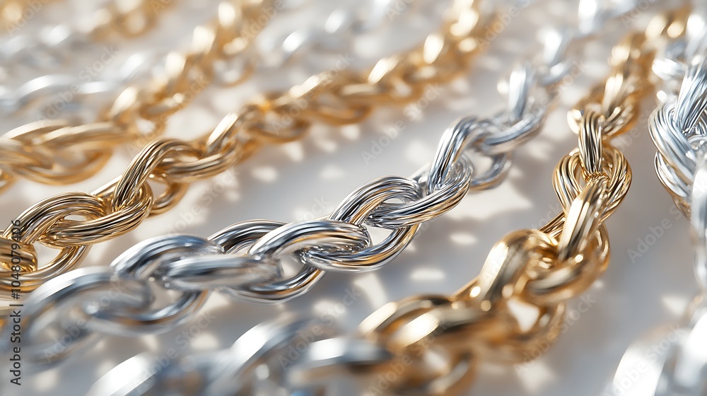 Obraz premium Close-up of intertwined gold and silver chains on a white surface with detailed textures
