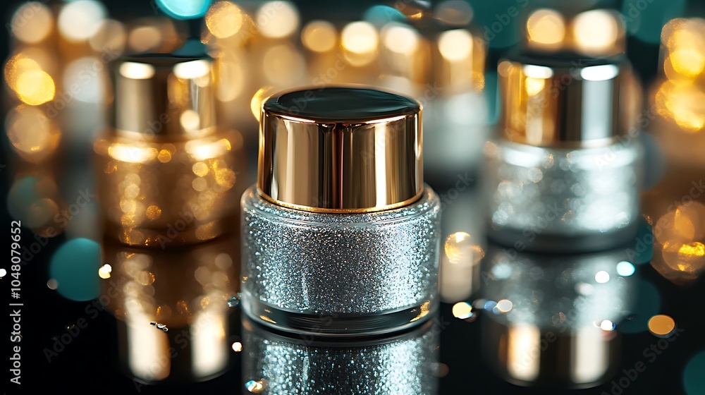 A close-up of gold and silver nail polish bottles, lids slightly open, on a reflective surface A close-up of gold and silver nail polish bottles, lids slightly open, on a reflective surface