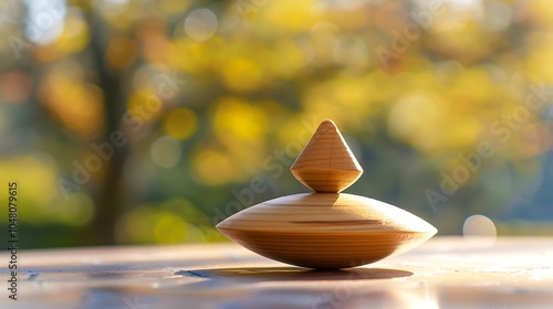 Classic wooden spinning top mid twirl on sunny surface photo