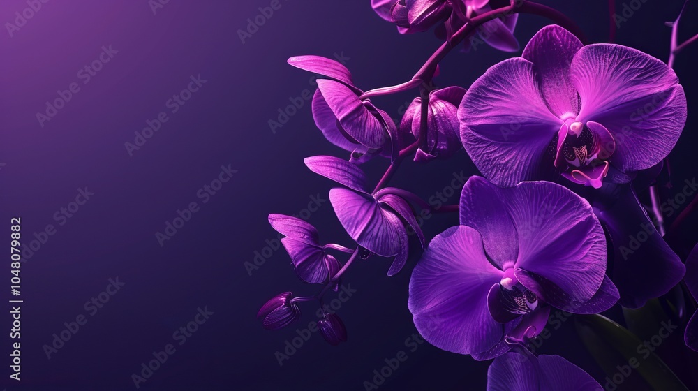 Naklejka premium Purple orchids bloom against a deep violet background, creating a striking contrast.