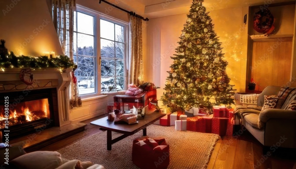 christmas tree with fireplacenand gifts christmas tree with fireplacenand gifts