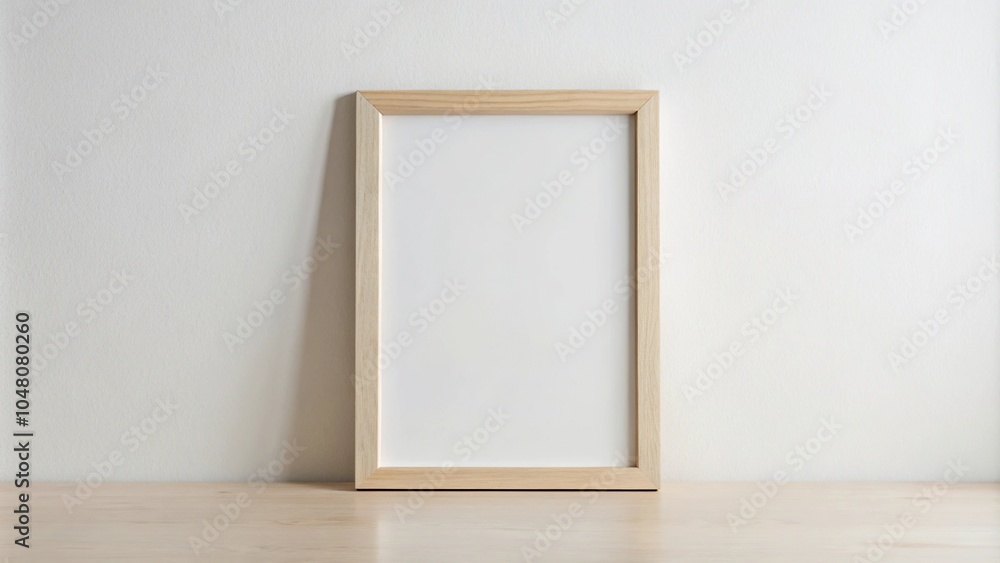 Thin light wood picture frame mockup with blank canvas on white wall Thin light wood picture frame mockup with blank canvas on white wall