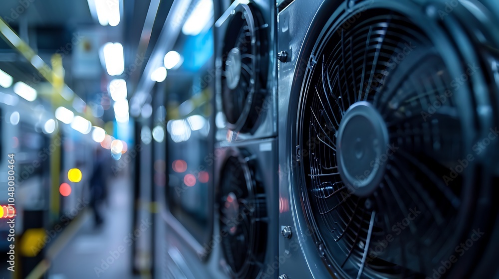 Close up of a bus air conditioning unit with cooling fins Close up of a bus air conditioning unit with cooling fins