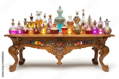 A beautifully arranged vintage table adorned with colorful glass potion bottles, exuding a magical and enchanting ambiance. photo