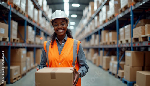 Happy, smiling black woman warehouse employee with a cardboard box at the logistics, distribution center