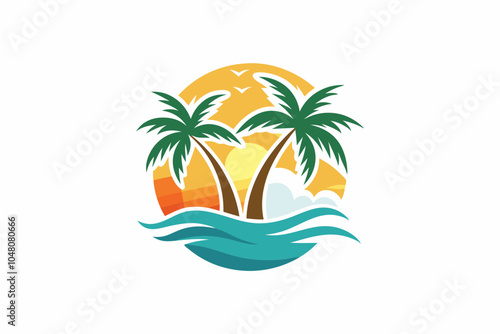 Retro sunsets in the style. Abstract background with a sunny gradient. Beach logo in circle shape.