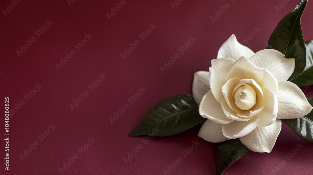 Fototapeta premium Single white gardenia flower with green leaves on a burgundy background.