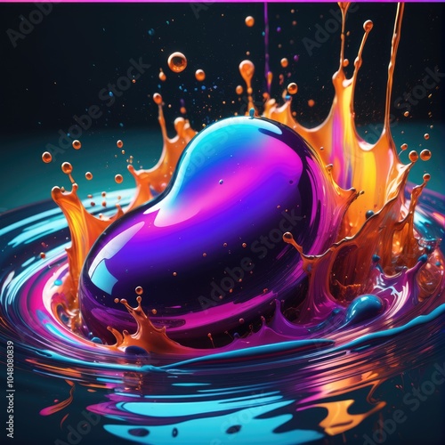 Colorful liquid splash with a vibrant purple shape in a dark setting capturing dynamic motion and contrast during artistic display