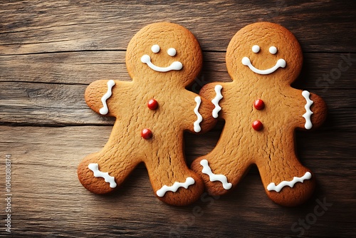 Top View of Two Gingerbread Man Cookies on Wooden Table in High-Resolution, Capturing Warm Holiday Atmosphere