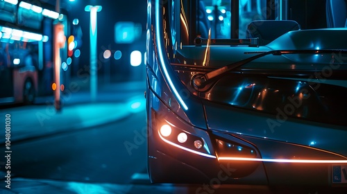 Close up of a bus headlights glowing and high tech design photo