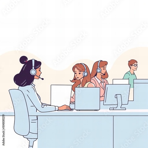 there are people sitting at a desk with computers and headsets.