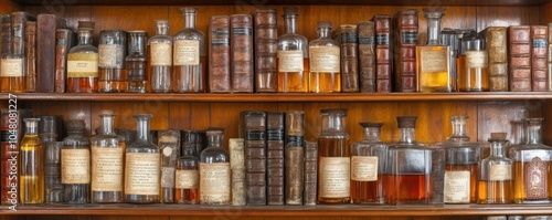 Wallpaper Mural A vintage wooden shelf displaying various glass bottles filled with spirits, complemented by classic leather-bound books. Torontodigital.ca