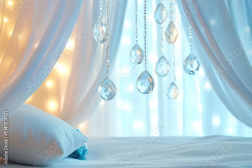 Elegant bedroom decor featuring beautiful drapes, shimmering crystals, and warm fairy lights creating a cozy atmosphere.