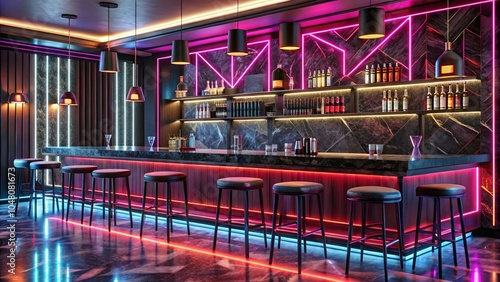 Wallpaper Mural A Modern Bar With Black Leather Stools Illuminated by Neon Lights and a Wall of Dark Marbled Tiles Torontodigital.ca