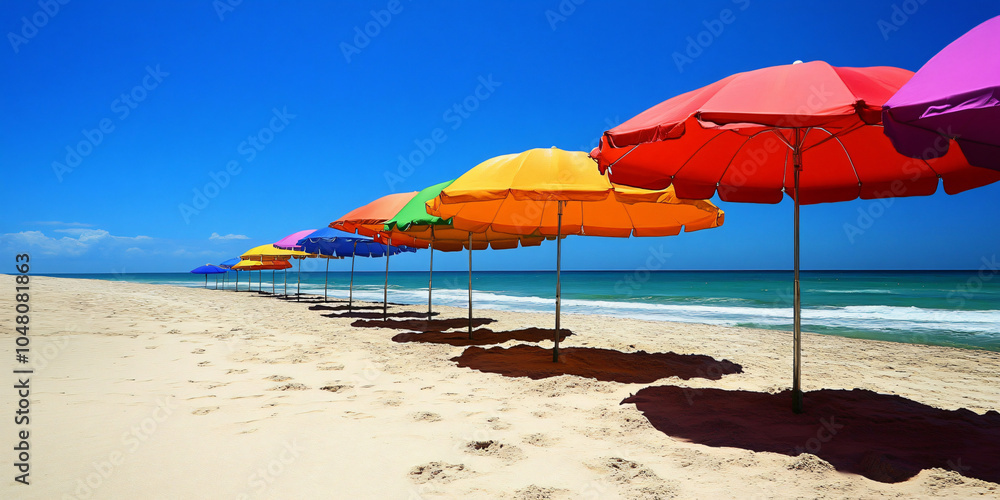Fototapeta premium beach scenes. A row of colorful umbrellas on a sunny beach by the ocean.