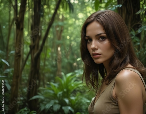  woman in a tan top standing in a forest.