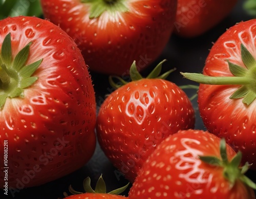 a close up of a bunch of ripe strawberries on a table. photo