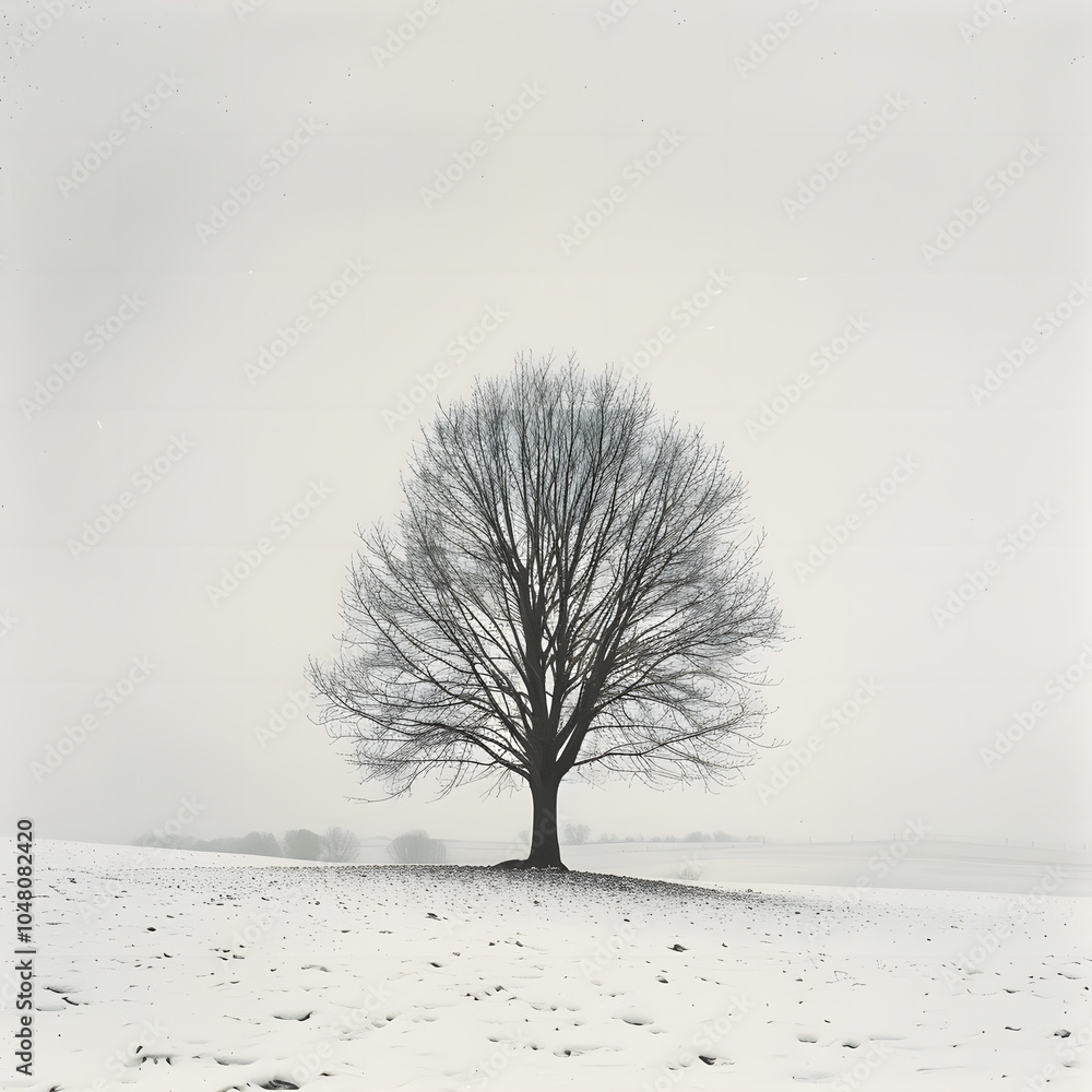 Fototapeta premium A lone tree covered in snow, standing in a quiet, snowy field