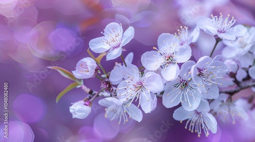 Delicate white blossoms on a branch with a soft purple background.