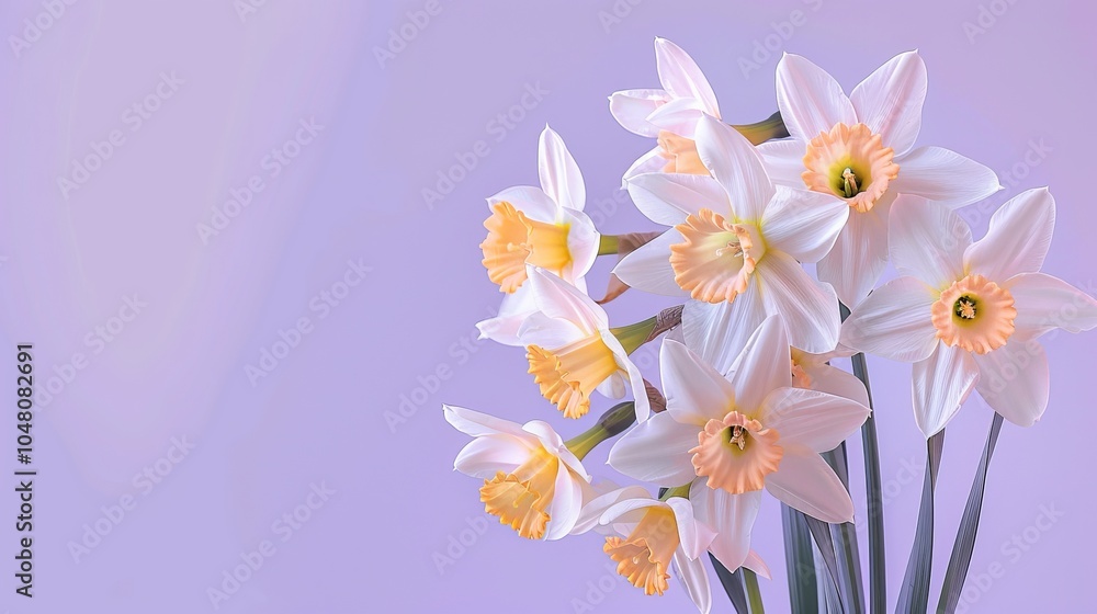 Fototapeta premium A bunch of delicate white daffodils with orange centers against a pale purple background.