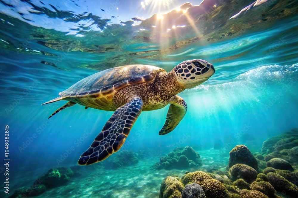 Fototapeta premium Threatened Hawaiian Green Sea Turtle swimming in Pacific Ocean
