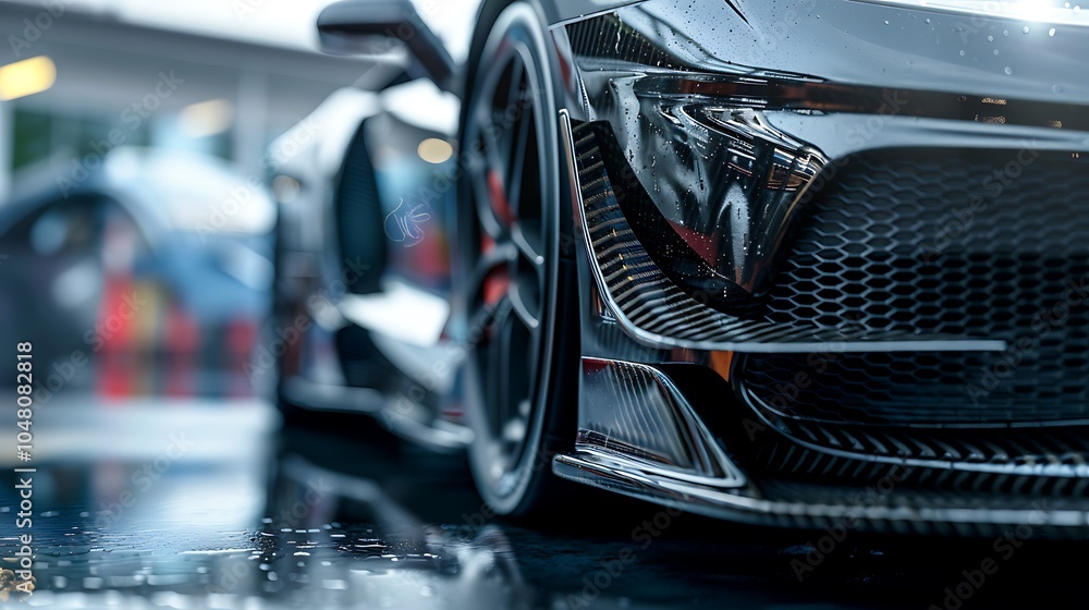 Close up of a sportscar front lip splitter with carbon fiber texture Close up of a sportscar front lip splitter with carbon fiber texture