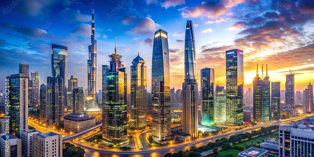 Obraz premium A vibrant cityscape with towering structures, bathed in the warm hues of a setting sun, creating a breathtaking panorama of urban grandeur and architectural marvels.