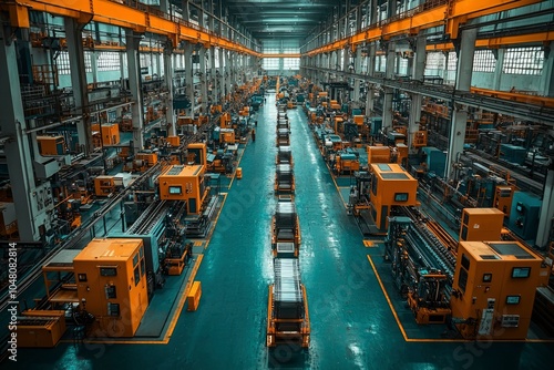 Industrial Factory Interior with Machinery and Conveyors