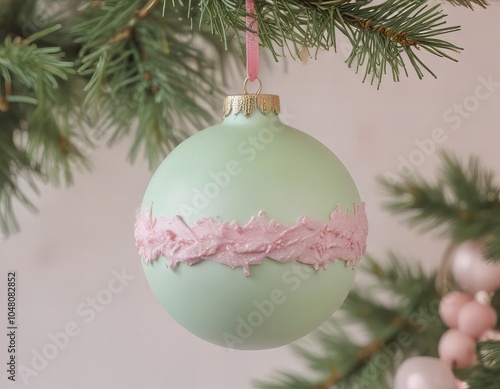 there is a green ornament with pink ribbon hanging from a tree. photo