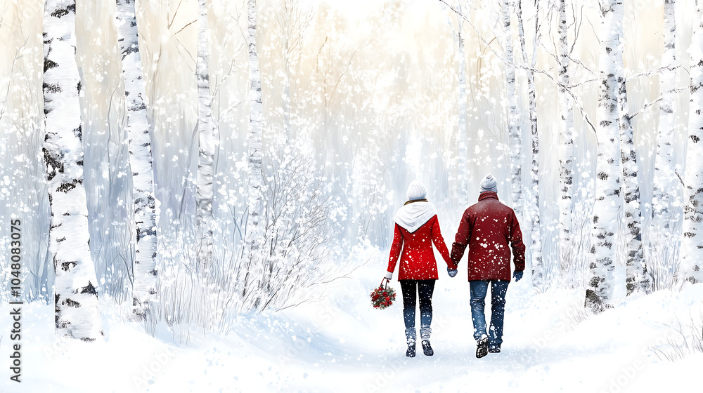 couple walking hand in hand through snowy forest, surrounded by birch trees. scene evokes warmth and love amidst winter chill couple walking hand in hand through snowy forest, surrounded by birch trees. scene evokes warmth and love amidst winter chill