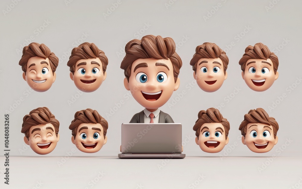 Develop a business-themed emoji featuring a smiling businessman with a laptop, symbolizing productivity and professionalism in a modern style Develop a business-themed emoji featuring a smiling businessman with a laptop, symbolizing productivity and professionalism in a modern style