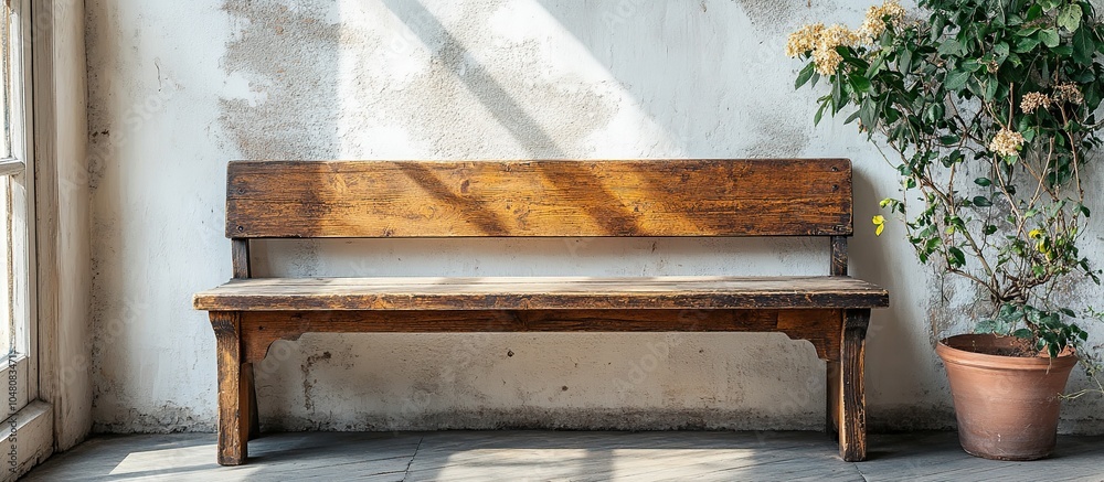 Rustic Wooden Bench Against a White Wall. Antique wooden storage bench from 1880 against white wall in old building. AI generated image Rustic Wooden Bench Against a White Wall. Antique wooden storage bench from 1880 against white wall in old building. AI generated image