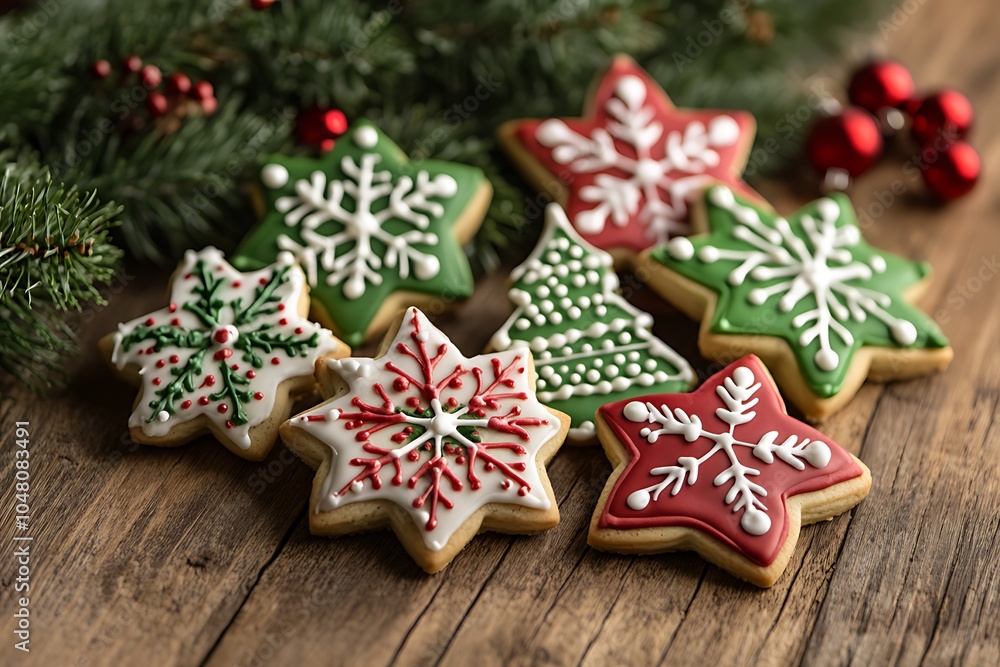 Close-Up of Decorated Christmas Cookies in Red and Green Colors with Snowflakes, Stars, and Trees Against a Festive Background, Featuring Insanely Detailed High-Resolution Photography Close-Up of Decorated Christmas Cookies in Red and Green Colors with Snowflakes, Stars, and Trees Against a Festive Background, Featuring Insanely Detailed High-Resolution Photography