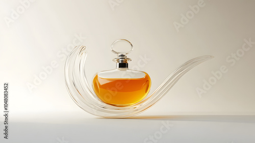 A modern and artistic perfume bottle mockup, where the bottle is placed on a wavy or curved acrylic stand