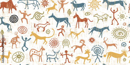 Seamless petroglyph pattern, rock paintings, naive art, vector design