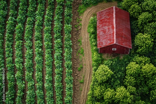 Aerial view of lush farm with crops and barns photo