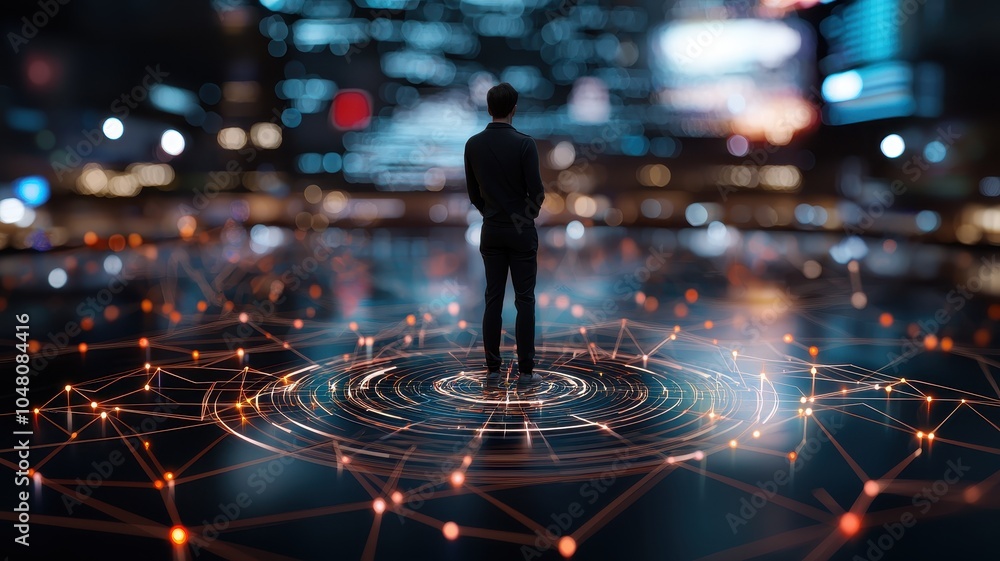 Silhouette of a person standing in a digital network landscape. Silhouette of a person standing in a digital network landscape.