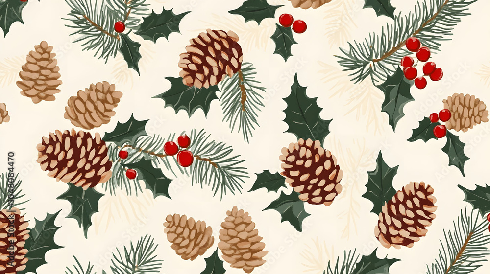 Fototapeta premium Autumn leaves seamless pattern featuring various plants, branches, and berries, perfect for wallpaper and festive decorations
