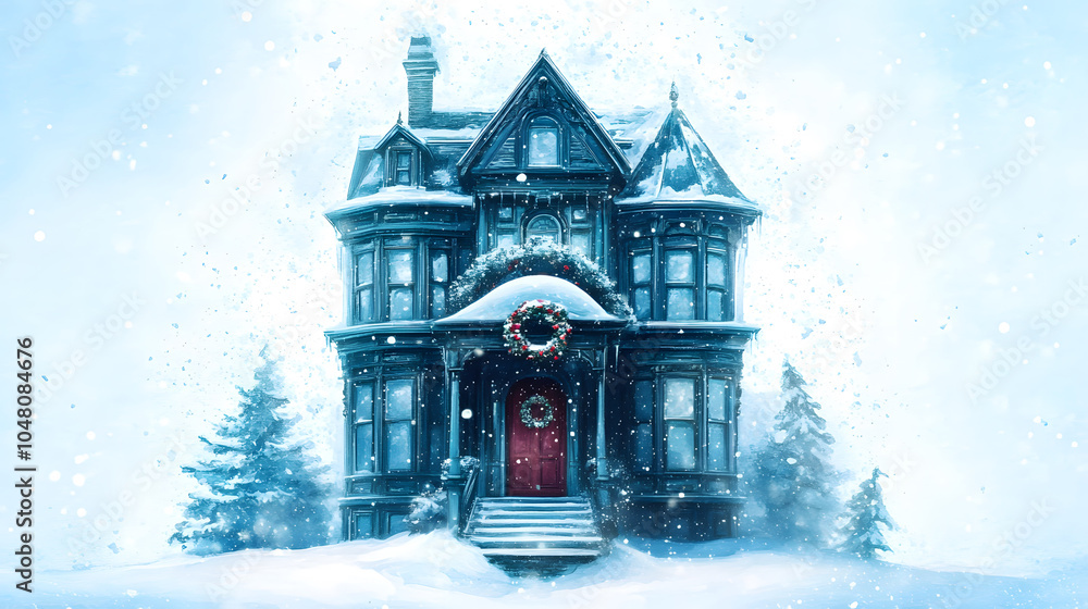 Fototapeta premium Elegant Victorian house adorned with festive wreath, surrounded by snow covered trees, creating serene winter atmosphere
