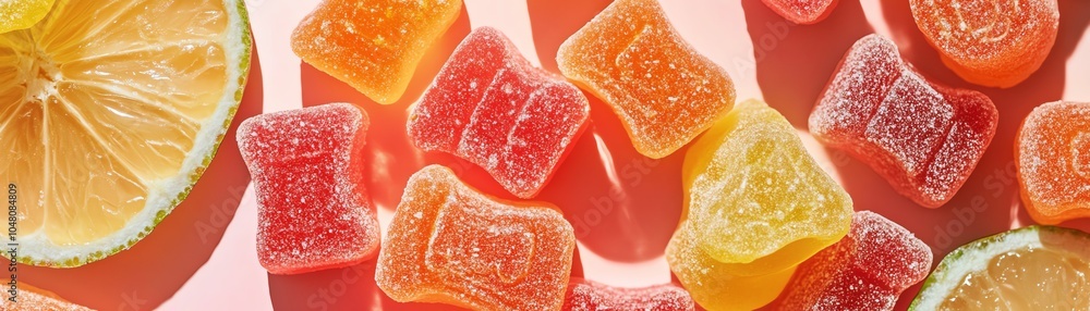 Colorful fruit candies on pink background. Colorful fruit candies on pink background.