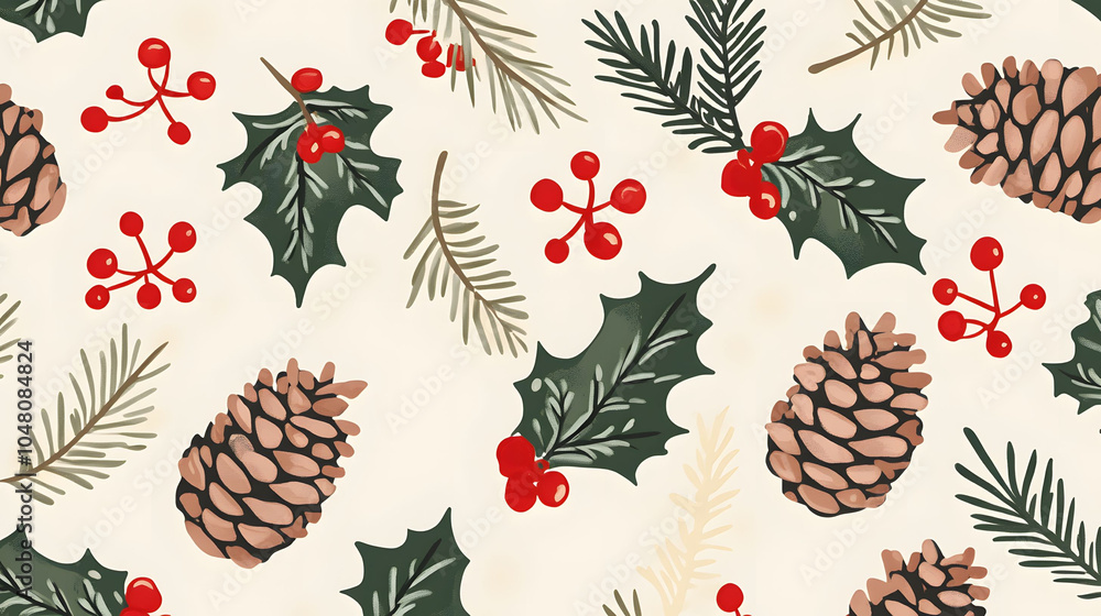 Fototapeta premium Autumn leaves seamless pattern featuring various plants, branches, and berries, perfect for wallpaper and festive decorations