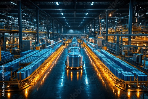 Industrial Factory Interior with Conveyor Belts and Stacked Blue Cylinders