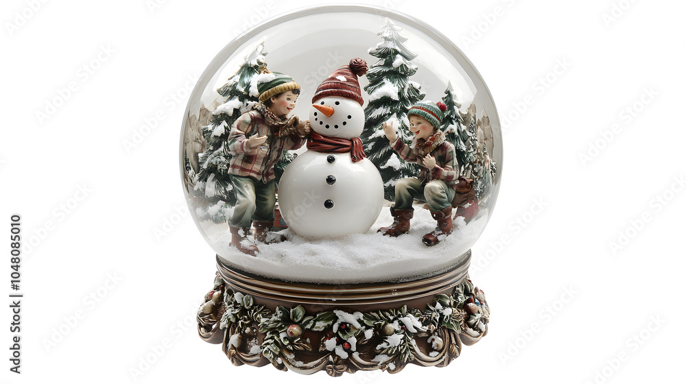 charming snow globe featuring children building snowman in winter wonderland, surrounded by snow covered trees and festive decorations charming snow globe featuring children building snowman in winter wonderland, surrounded by snow covered trees and festive decorations