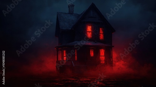 Eerie haunted house with dark rooms and red glow