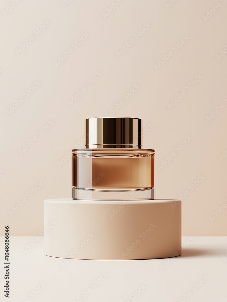 Perfume bottle on beige platform with neutral background. Perfume bottle on beige platform with neutral background.