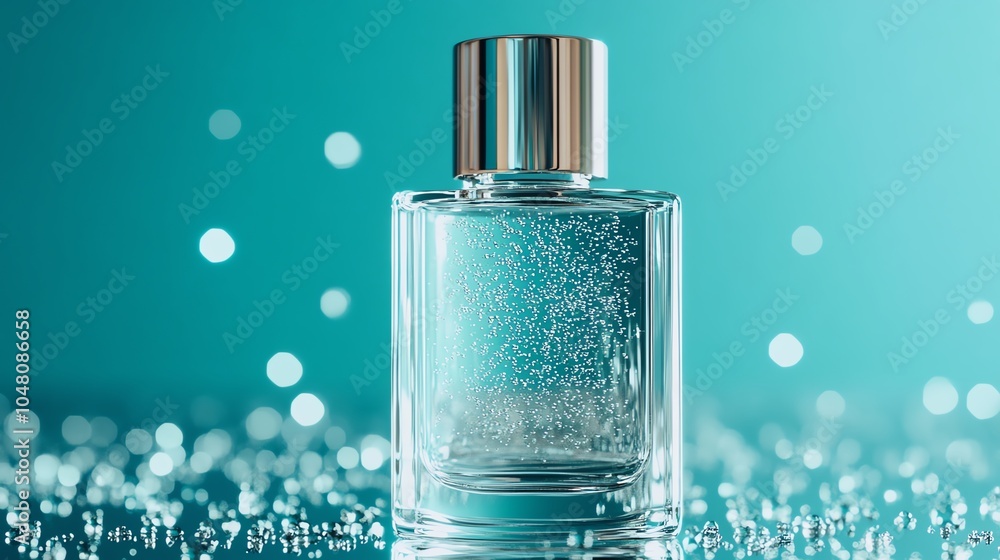 Perfume bottle on blue background with bokeh. Perfume bottle on blue background with bokeh.