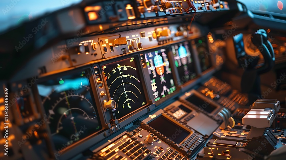 Close up view of a shiny airplane cockpit with modern instruments Close up view of a shiny airplane cockpit with modern instruments