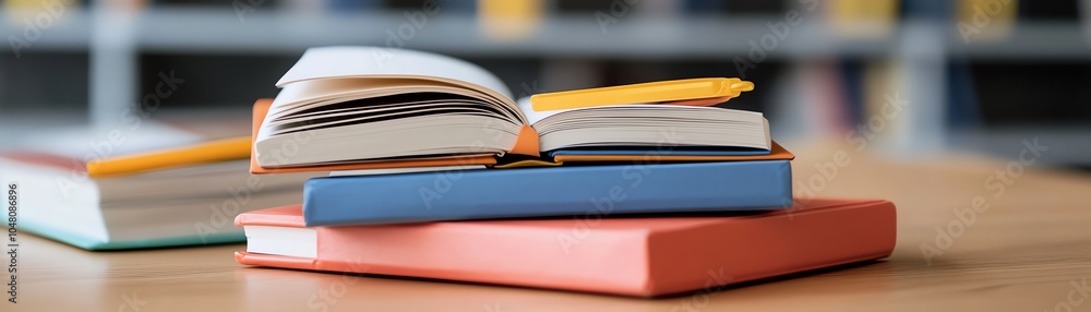 Stack of books on wooden table. Stack of books on wooden table.