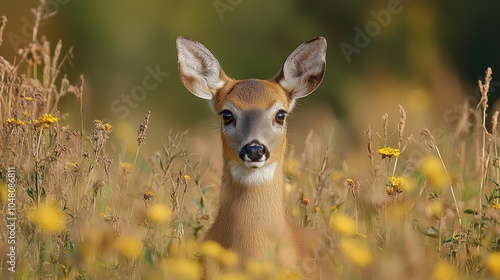 Young white-tailed deer fawn standing in flowers field