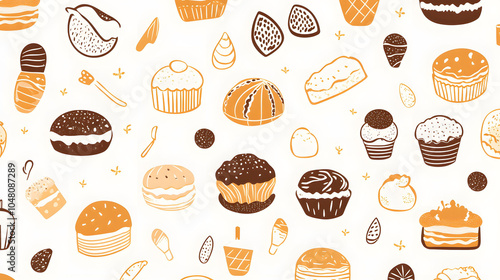 Seamless chocolate pattern featuring various baked goods like cookies, croissants, and donuts, perfect for a sweet-themed background